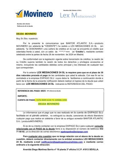 reclamación de Lex Mediaciones 24 deuda Movinero